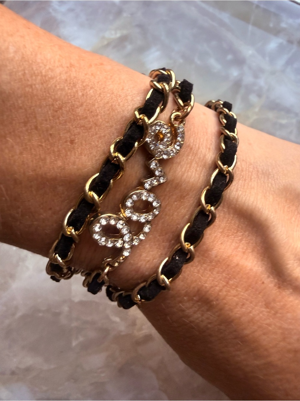 Gold and Black 'Love' Wrap Leather Bracelet with Crystal Accents 20” long